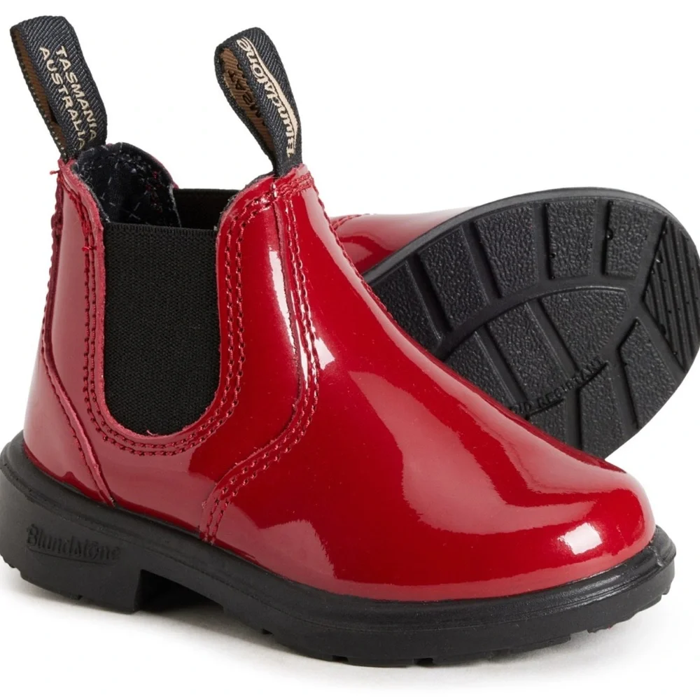 Blundstone Red Low-Heel Chelsea  shiny red patent leather boot. 2253. 3, 4